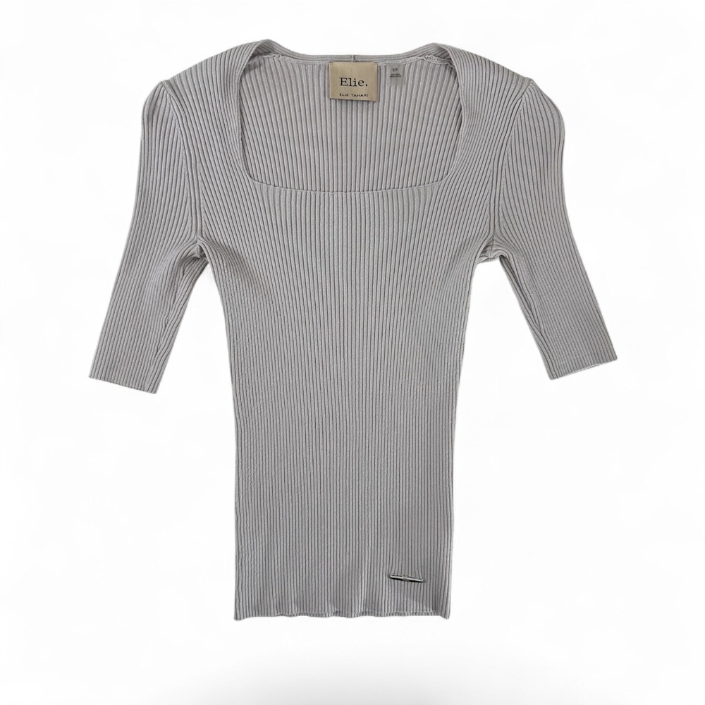 Elie Tahari Womens Ribbed Knit Square Neck Elbow Sleeve Top Gray Size S JQ56